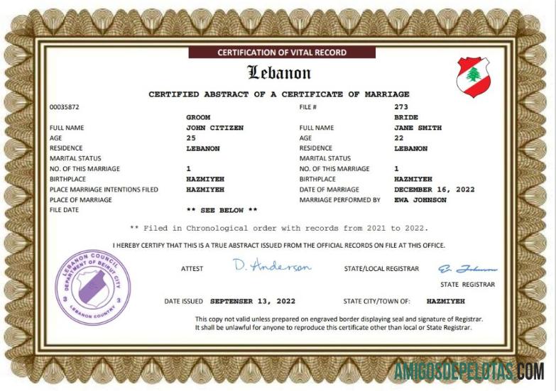 Imprimível modelo Word e PDF de certidão de casamento no Líbano